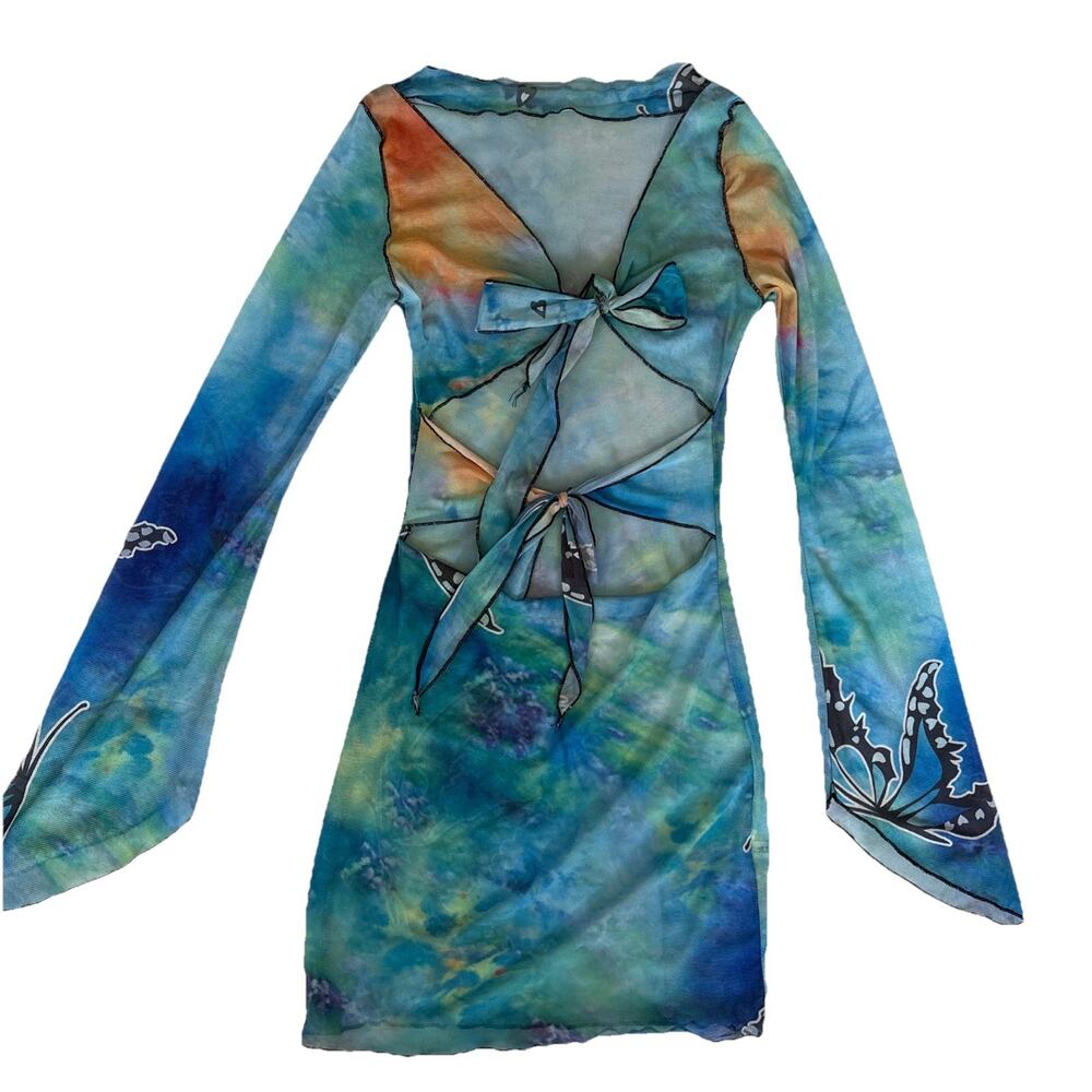 Summer Print Mesh Mini Dress Long Flare Sleeve Open Tie Front Y2K Vibe Kolly